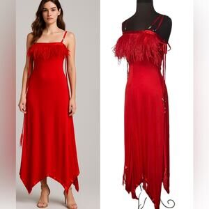 Vtg Red Feather Trim Slip Dress Womens S Handkerchief Hem Beaded Strap Showgirl